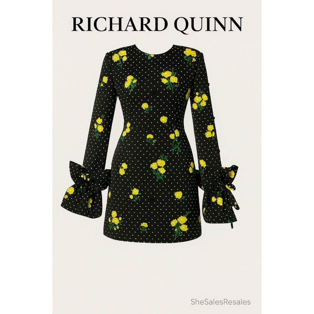 RARE Richard Quinn Women’s Floral Polka Dot Satin Mini Dress Beaded Bow Sleeve U